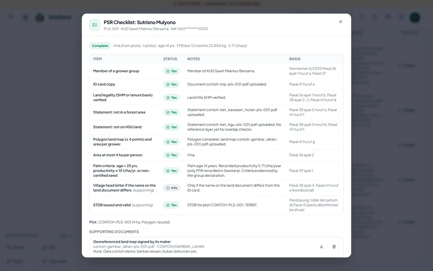 PSR & KUR files: per-grower checklist with the status of each item (ID card, land title, forest area, concession, land map, STDB), notes and legal basis