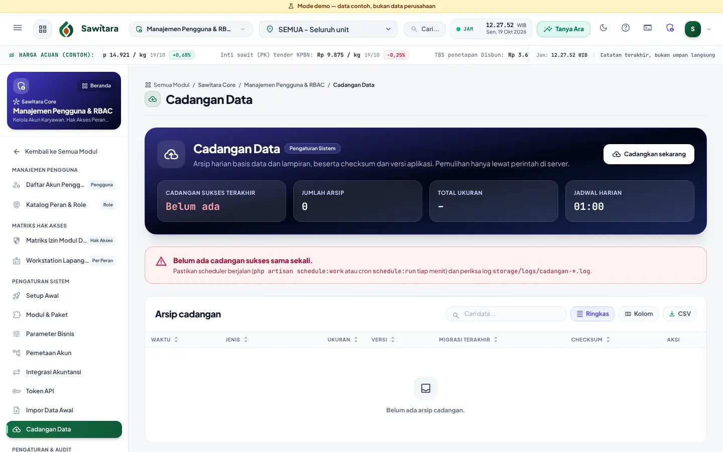 Cadangan Data: cadangan sukses terakhir, jumlah arsip, jadwal harian, dan daftar arsip dengan checksum