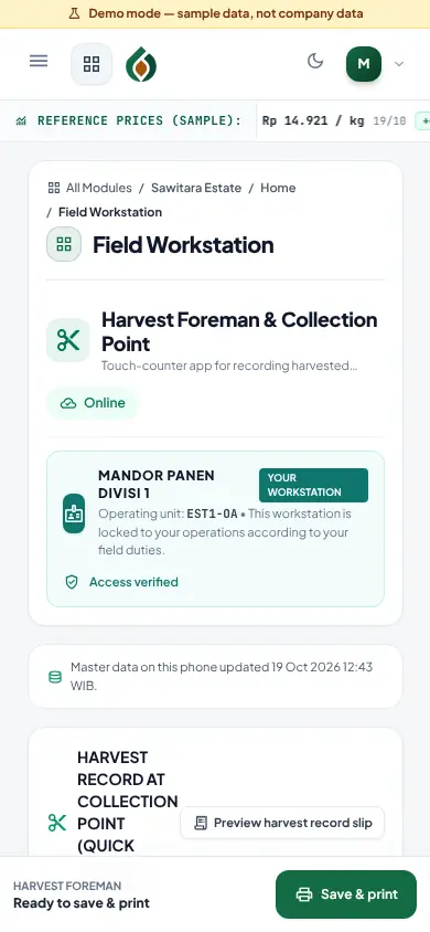 Harvest foreman workstation on a phone: choose block, collection point, round and area, then save and print a slip