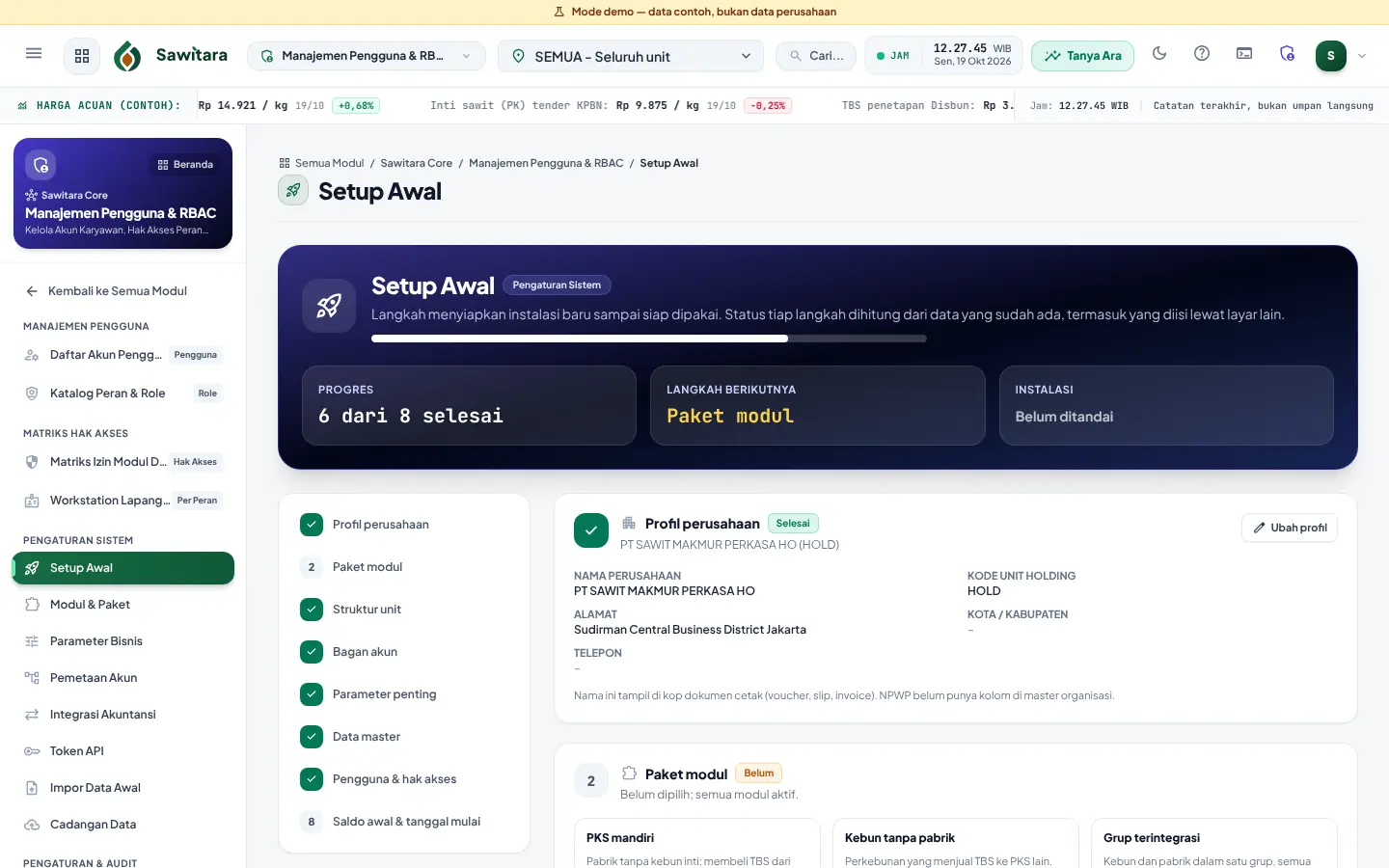 Wizard Setup Awal: progres 8 langkah dari profil perusahaan sampai saldo awal