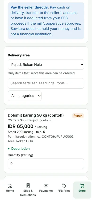 Toko Input in Tandan: catalogue of fertiliser and dolomite from partner sellers with price, stock, permit number, delivery area and order quantity