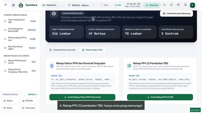 Cuplikan video tutorial Sawitara Finance · Cetak Dokumen & Pajak