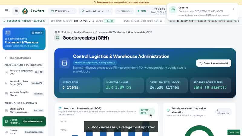 Still from the video tutorial Sawitara Finance · Procurement & Logistics