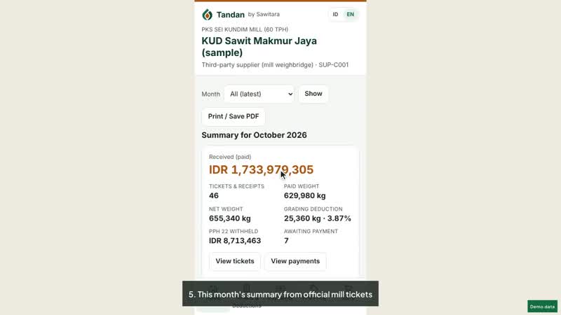 Still from the video tutorial Tandan by Sawitara · FFB Prices & Grower Portal