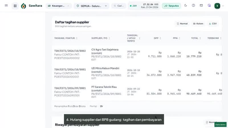Cuplikan video tutorial Sawitara Finance · Keuangan & Kas Kebun