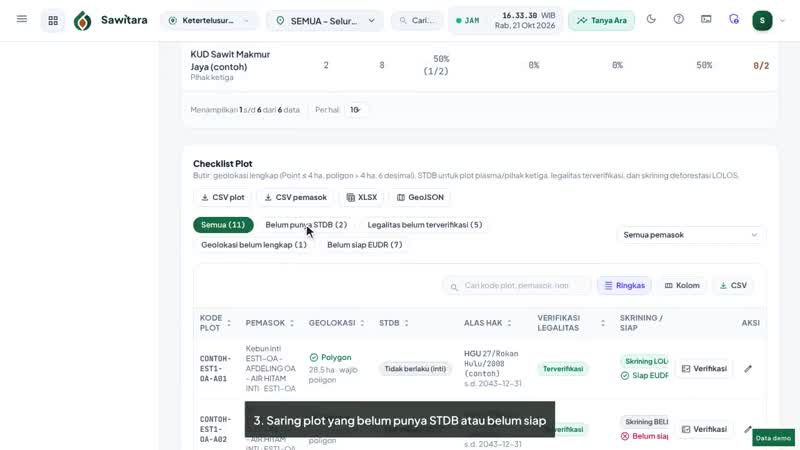 Cuplikan video tutorial Sawitara Trace · Ketertelusuran & EUDR